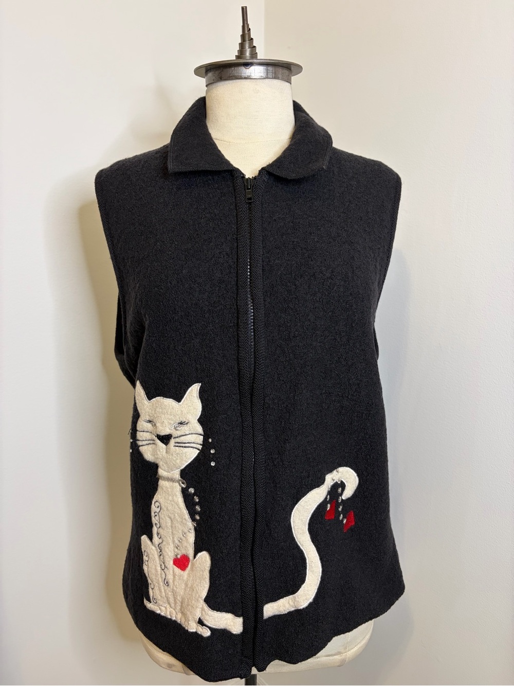 TANJAY Vintage 100% Wool Black Cat Embroidered Zip Front Vest SIZE EXTRA LARGE